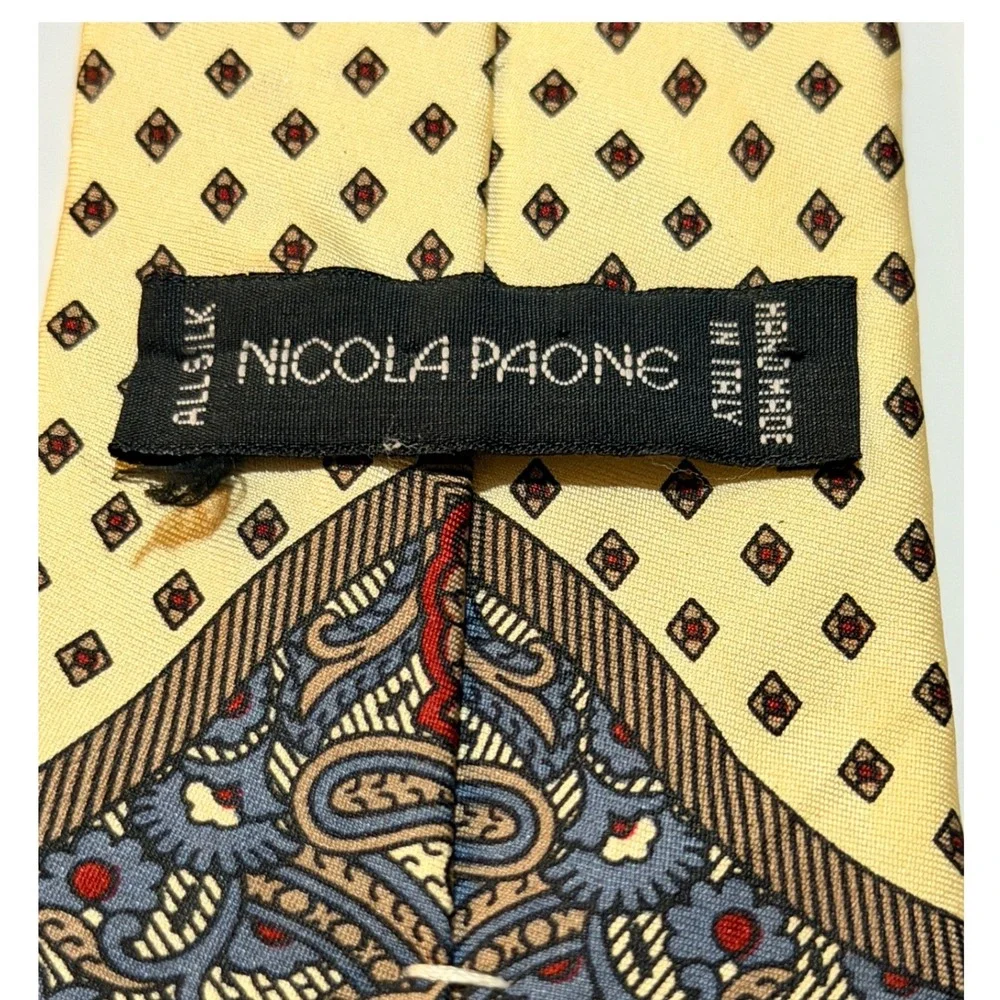Nicola‎ Paone Silk Tie Yellow Cream Paisley Geometric Handmade Italy Necktie Vtg